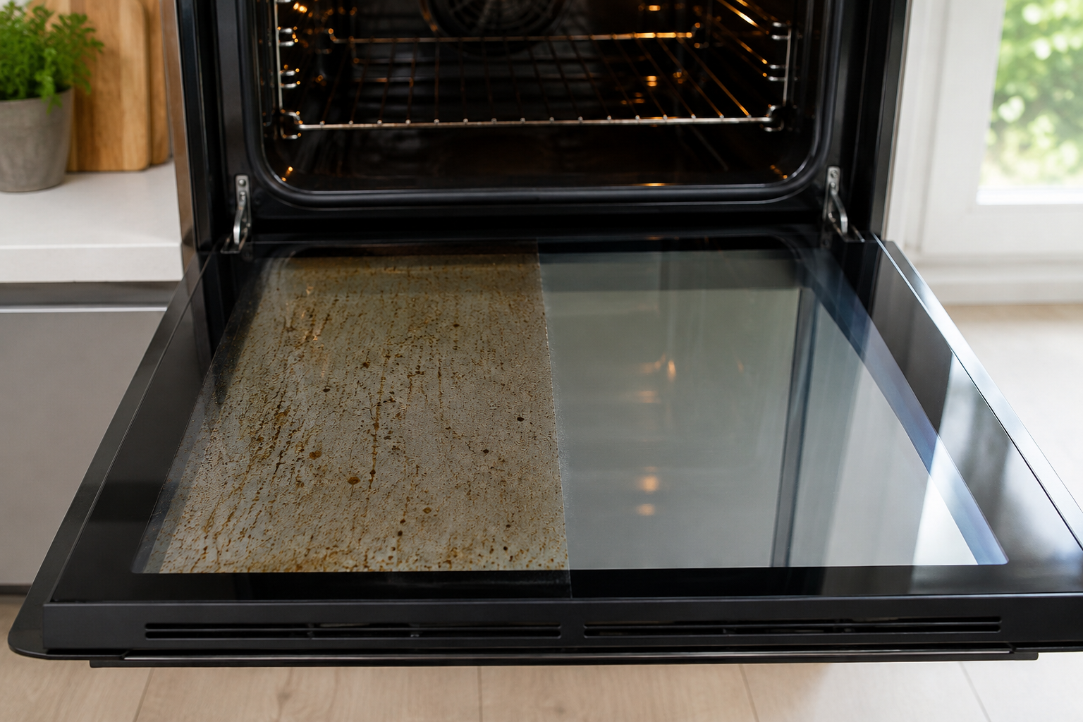 Oven glass before and after cleaning