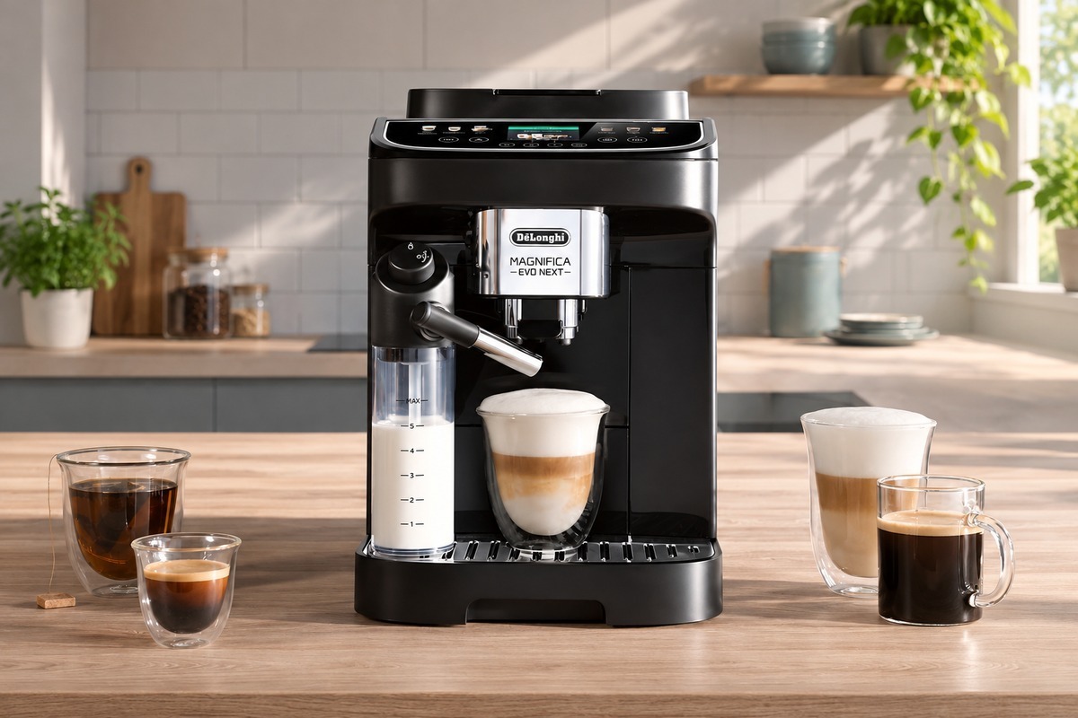 Black DeLonghi Magnifica Evo Next bean-to-cup coffee machine with a milk carafe and coffee glasses on a kitchen worktop