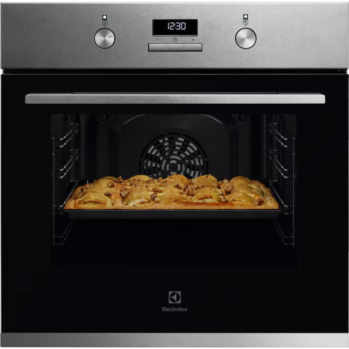 Electrolux KOHGH40BX 60cm built-in fan oven in stainless steel with a baked dish on the shelf