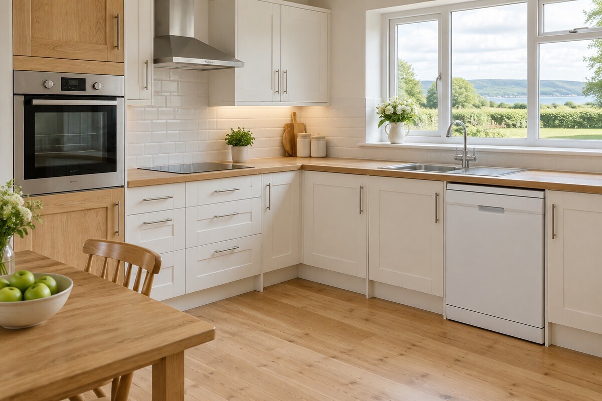 Bright kitchen with a built-in oven, a freestanding dishwasher and clear worktops