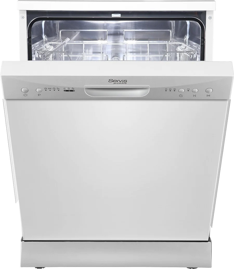 White Servis S2612M2WH 60cm freestanding dishwasher with the door open and the racks visible